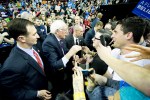 Democratic presidential candidate Senator Bernie Sanders shakes hands with supporters at KeyArena following his rally on March 20, 2016 in Seattle.