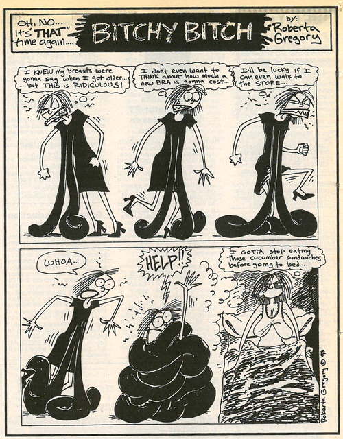 April 9, 1998—Starting her career in the all-female “Wimmen’s Comix” anthologies of the ’70s, Roberta Gregory continued her feminist funny streak with her Bitchy Bitch series, which ran from 1998 to 1999 in the Weekly.