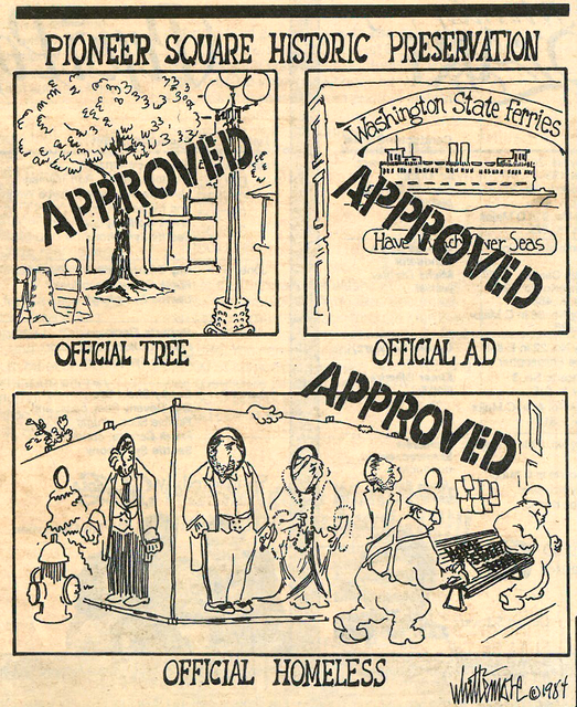 April 11, 1984—Thomas Whittemore majored in primatology (the study of monkeys) at Harvard and now serves as a Neighborhood District Coordinator for the City of Seattle, but in the early ’80s, he also served as Seattle Weekly’s primary political cartoonist.