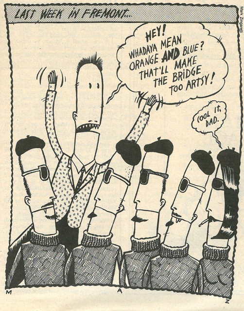 August 14, 1985—From 1984 to 1986, Mark Zingarelli’s fang-toothed, tube-headed caricatures skewered Seattle culture and politics week to week. Zingarelli also drew the cover of Seattle Weekly’s first “Best Of” issue in 1986, featuring a goofy slug character in the rain.