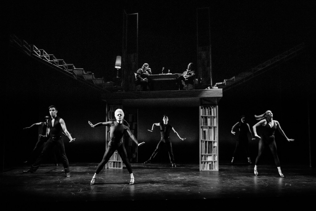 With the dancers below, a conversation between James Baldwin and Margaret Mead transpires above. Photo by Tino Tran.