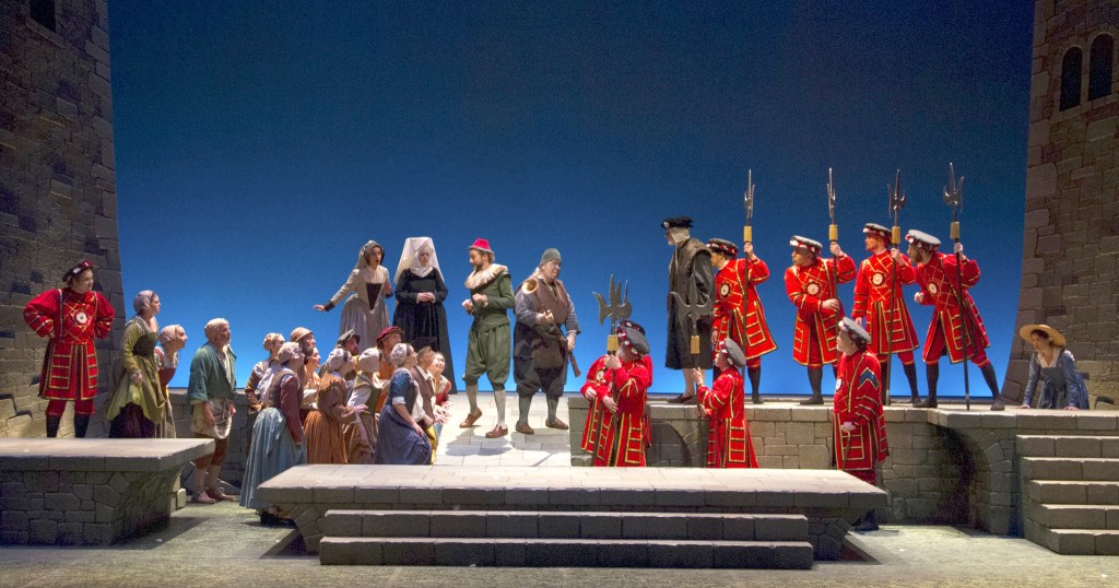 Jester Jack Point (Mark Rabe) and head jailer Wilfred Shadbolt (William Darkow) tell a &ldquo;cock and bull&rdquo; story. Photo by Patrick Andre