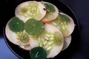 Poached cucumber with kumbu, dill, and flowers. Photo by Nicole Sprinkle