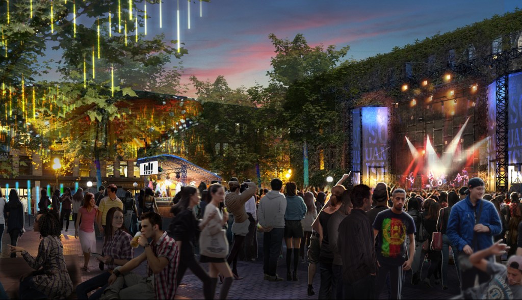 What Occidental Square might look like during Upstream, including what appears to be a young man wearing an oxygen tube falling down in the bottom right corner. Rendering courtesy of Upstream