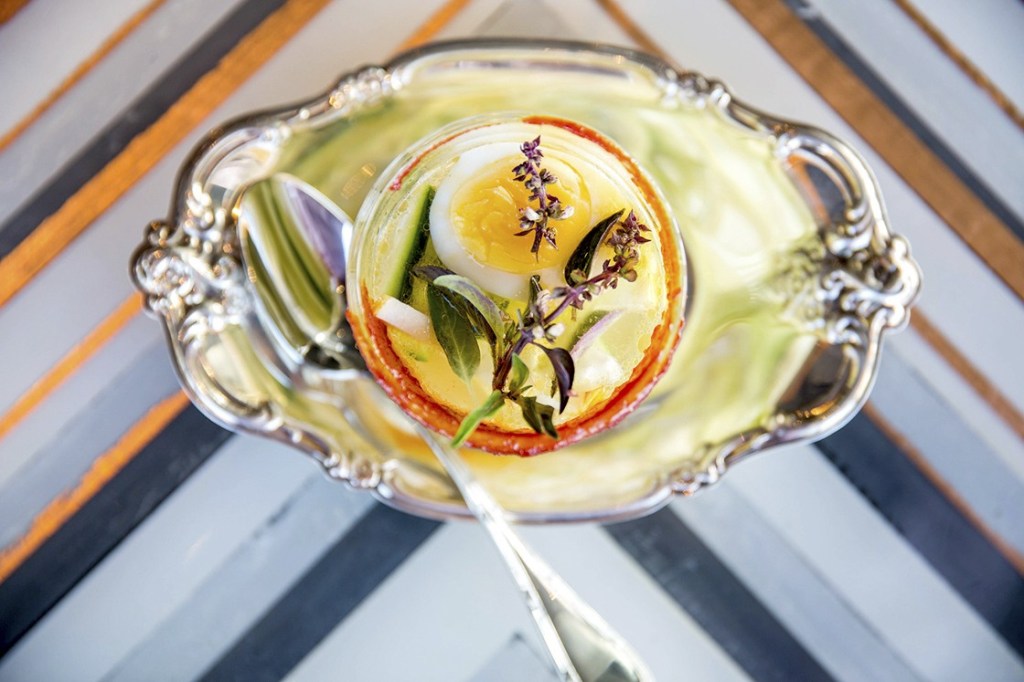 Chilled Northwest dashi with egg, cucumber, daikon, Asian pear, and gojuchang. Photo by Suzi Pratt