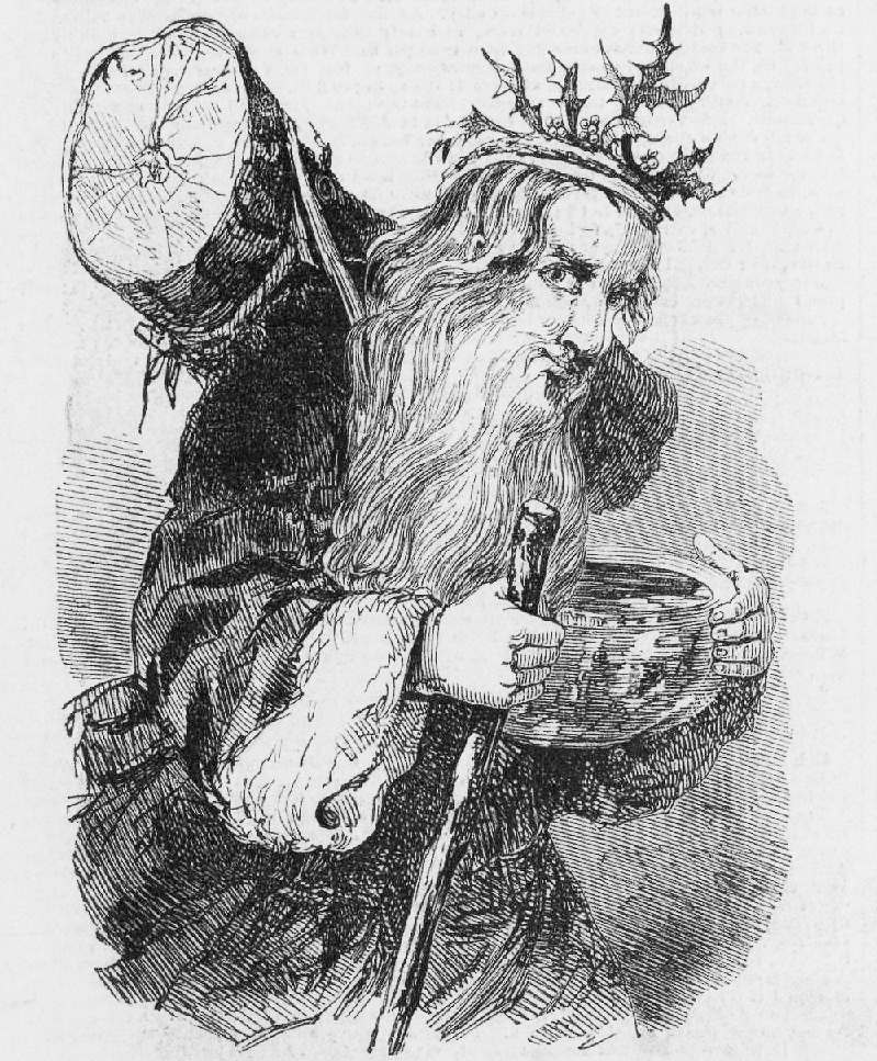 An 1848 drawing of St. Nick hauling a Yule log. Via Wikimedia.