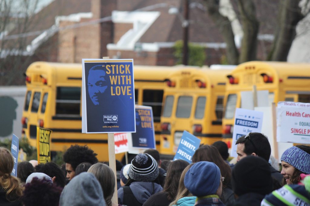 Thousands of people marched from Garfield High to downtown Seattle to honor Martin Luther King, Jr. on January 16, 2017. Photo by Sara Bernard.