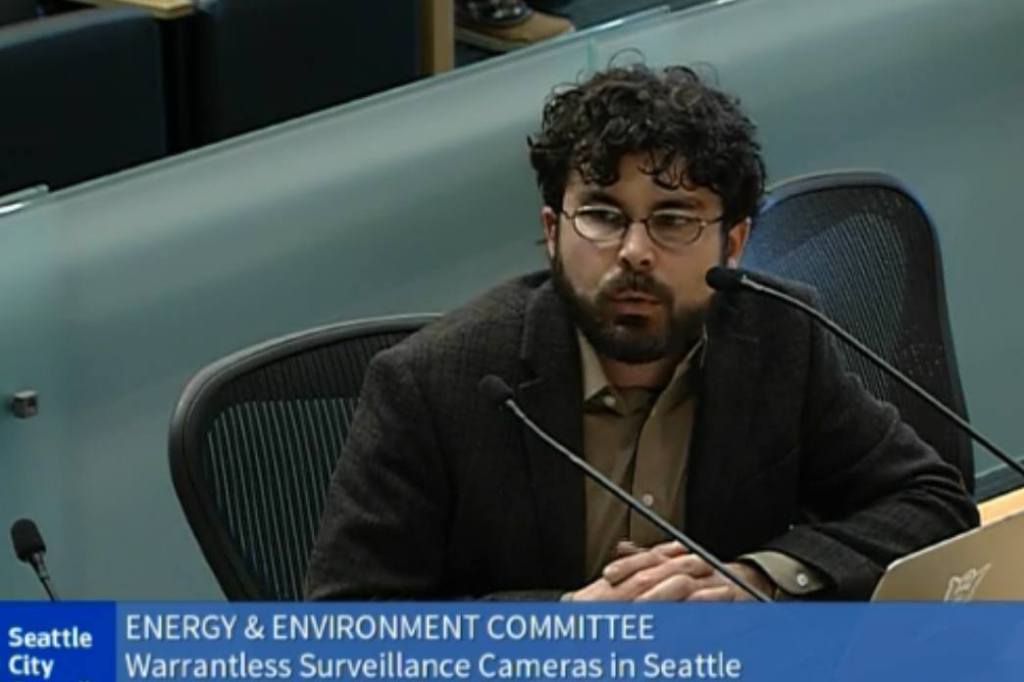 Privacy activist Phil Mocek addresses the Seattle City Council&rsquo;s Energy and Environment Committee about the federal government&rsquo;s secretive video surveillance program in Seattle. Screenshot via the Seattle Channel.