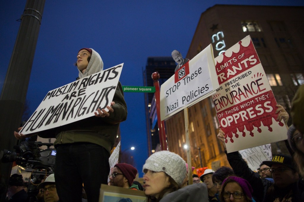 Thousands gathered at Westlake Park in downtown Seattle to protest President Donald Trump&rsquo;s ban on immigrants and refugees from seven Muslim-majority nations on Sunday, January 29, 2017. Photo by Jeremy Dwyer-Lindgren