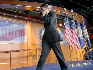 House Speaker Paul Ryan of Wis. leaves after telling the news media that he has pulled the health care overhaul bill, Friday, March 24, 2017, on Capitol Hill in Washington. Speaking about the failure of health care bill: Ryan said: &lsquo;We came really close today, but we came up short.&rsquo; (AP Photo/Cliff Owen)