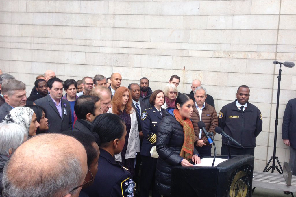 M. Lorena González and other Seattle officials at a press conference responding to Trump earlier this year. Courtesy González&rsquo;s office