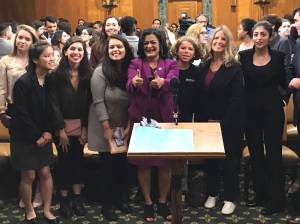 Rep. Pramila Jayapal celebrates the announcement of the College for All Act at a press conference in D.C. Photo courtesy Jayapal&rsquo;s office