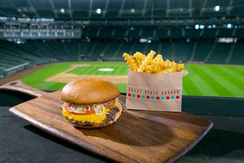 The burger and fries from Josh Henderson&rsquo;s Great State Burger, now in The Pen. Courtesy of Safeco Field
