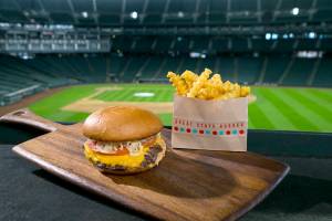 The burger and fries from Josh Henderson&rsquo;s Great State Burger, now in The Pen. Courtesy of Safeco Field