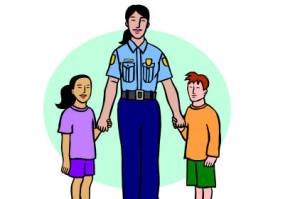 An illustration of an unarmed police officer holding hands with children. Screenshot taken from SPS handout &ldquo;Personal Safety for Children.&rdquo;