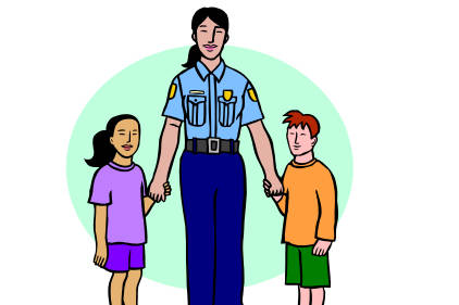 An illustration of an unarmed police officer holding hands with children. Screenshot taken from SPS handout &ldquo;Personal Safety for Children.&rdquo;