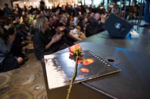 Soundgarden&rsquo;s &lsquo;Superunknown&rsquo; album sits beneath a rose on top of a speaker at the KEXP memorial for Chris Cornell. Photography by Alex Garland