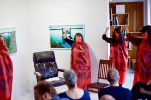 Performance intervention by Dana Claxton during Jaleh Mansoor&rsquo;s talk &ldquo;Marshall Plan Modernism,&rdquo; as part of Red May. Photo by Hami Bahadori
