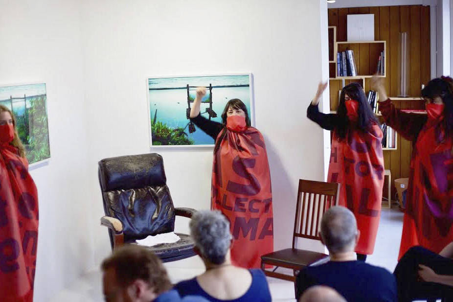 Performance intervention by Dana Claxton during Jaleh Mansoor&rsquo;s talk &ldquo;Marshall Plan Modernism,&rdquo; as part of Red May. Photo by Hami Bahadori