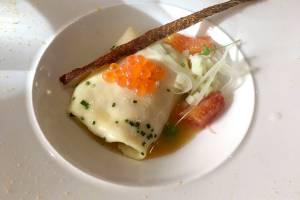 Salmon crepe with orange buerre blanc. Photo by Nicole Sprinkle