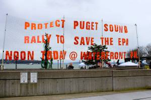Environmental groups rally against proposed cuts to EPA Puget Sound funding on March 22, 2017. Photo by Sara Bernard