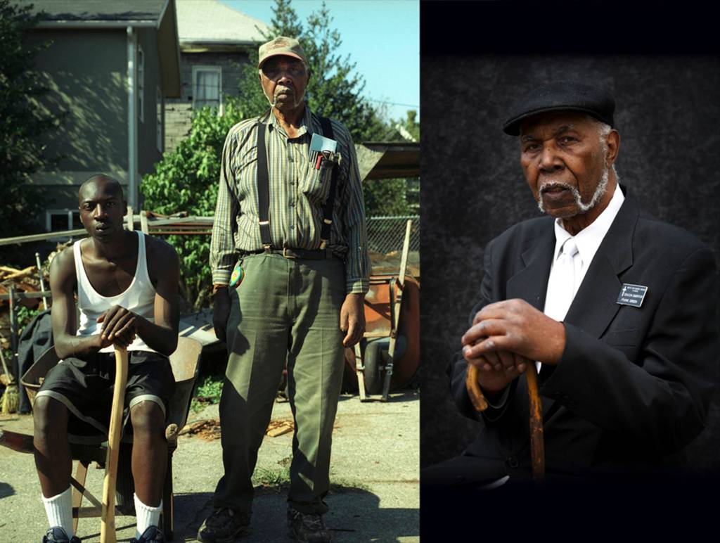 Left: Wokoma&rsquo;s brother Yirim Seck and his grandfather at Green Enterprises, the firewood business he ran with his brother James Green. Right: Wokoma&rsquo;s grandfather in his Mt. Zion Baptist Church deacon&rsquo;s suit. Courtesy of the artist