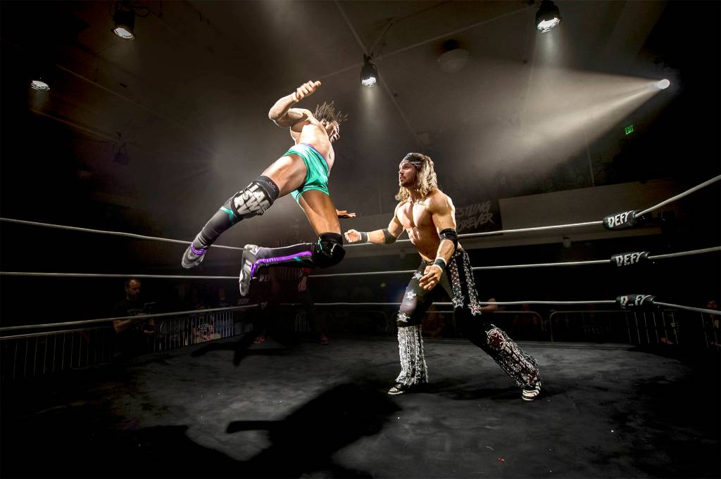 Shane &ldquo;Swerve&rdquo; Strickland flies at John Morrison during DEFY 3: Swerve City at Washington Hall. Strickland would go on to defeat Morrison. Photography by Nate Watters
