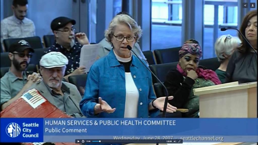 The Rev. Marilyn Cornwell tells Seattle City Council how Tent City 5 has become a part of the Magnolia neighborhood. Screenshot via Seattle Channel