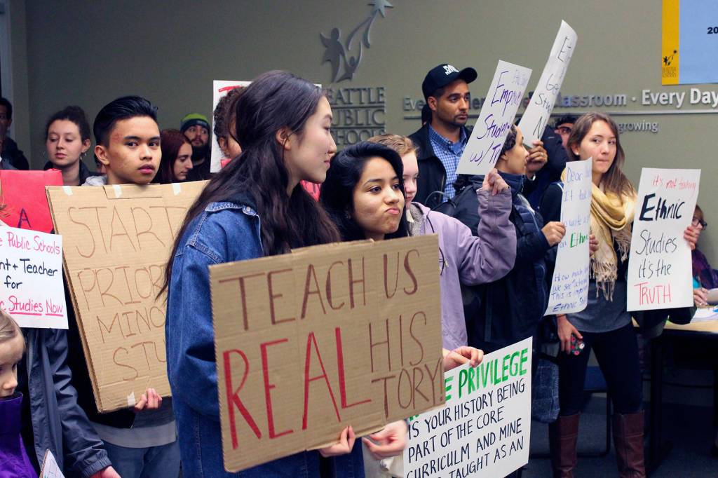 Students and teachers advocate for ethnic studies at a school board meeting in March. Photo by Sara Bernard