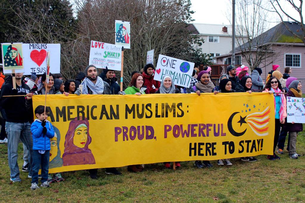 Muslim Americans rally at the Women&rsquo;s March in Seattle in January 2017. Photo by Sara Bernard