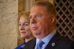 Jenny Durkan joins Mayor Ed Murray for Murray&rsquo;s endorsement of her candidacy. Photo by Nathalie Graham