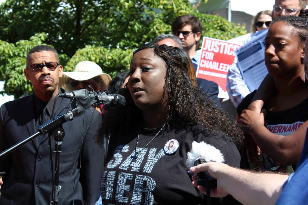 Katrina Johnson, Charleena Lyles&rsquo; cousin, speaks at a press conference for De-Escalate Washington on July 6, 2017. Photo by Sara Bernard