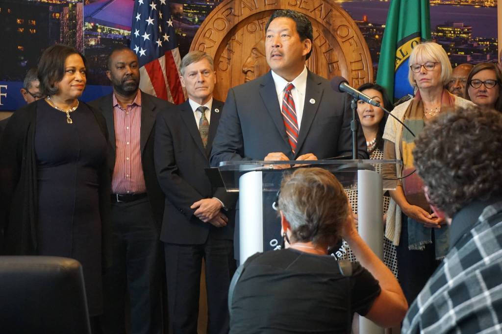 Bruce Harrell addresses the press. Photo by Daniel Person