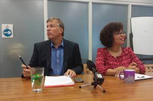 Councilmembers Mike OBrien and Kirsten Harris-Talley speak to reporters in the Sam Smith room at City Hall on the morning of Thursday, Oct. 12. Photo by Casey Jaywork