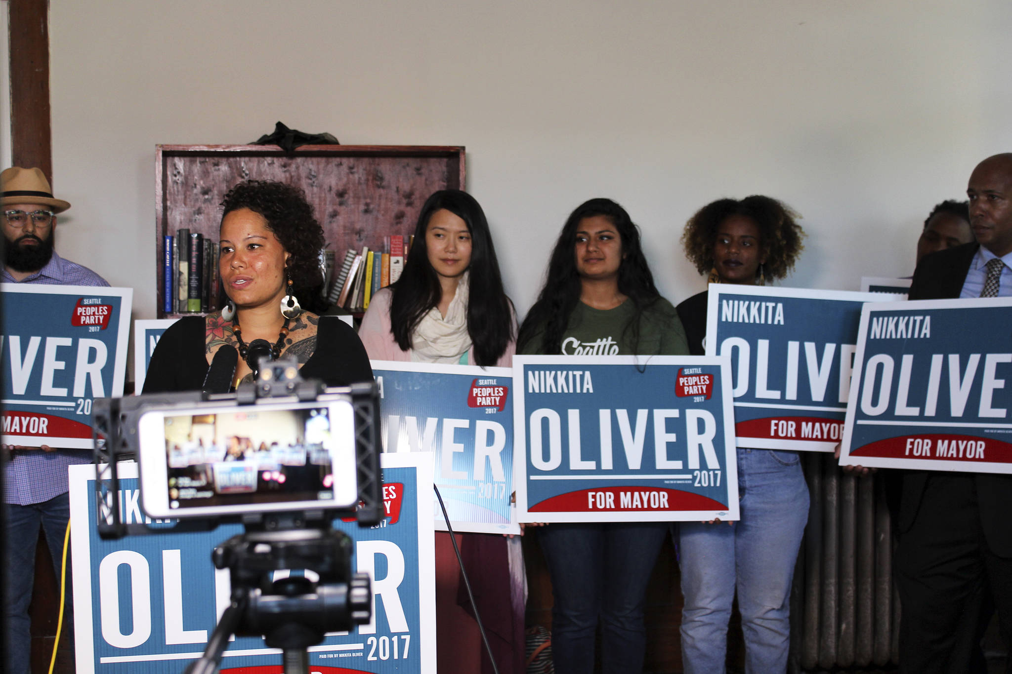 Nikkita Oliver at a campaigns-end press conference at Washington Hall on August 15. Photo by Sara Bernard