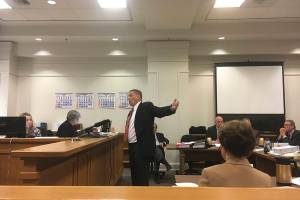 Matthew Davis, lawyer for lead plaintiff Michael Kunath, argues against the income tax Friday.