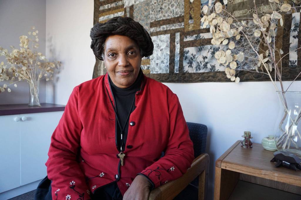 Esther Little Dove John works at North Seattle Friends Church before speaking at a tenant rights rally on Tuesday. Photo by Melissa Hellmann