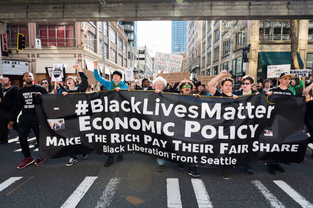 During this years tax day protests, Black Lives Matter activists came out in force. Photo by Ted Zee