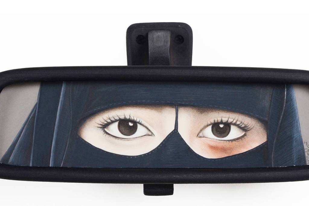 Humaira Abid, <em>Tempting Eyes – I,</em> 2017, pine wood, wood stain, gouache, and pigments on handmade wasli paper, Plexiglas, 4.5 x 9 x 4 in. Photo courtesy ArtXchange Gallery