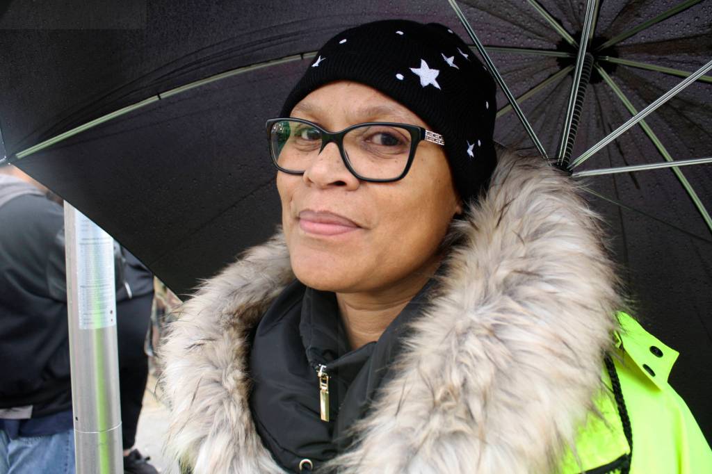 Bus driver Chrystale Holiwell pickets outside of the South Park bus lot on Thursday. Photo by Melissa Hellmann