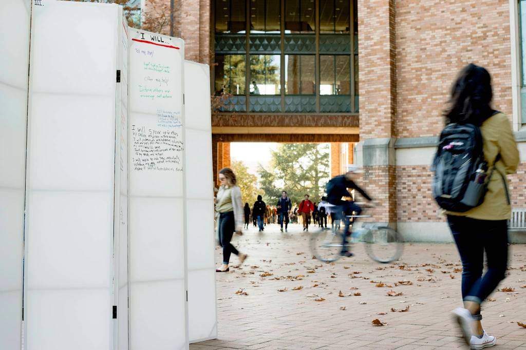 Charlie Shihs interactive art installation <em>They Did</em> captured the spirit of #MeToo on UWs campus. Photo by Lucas Boland