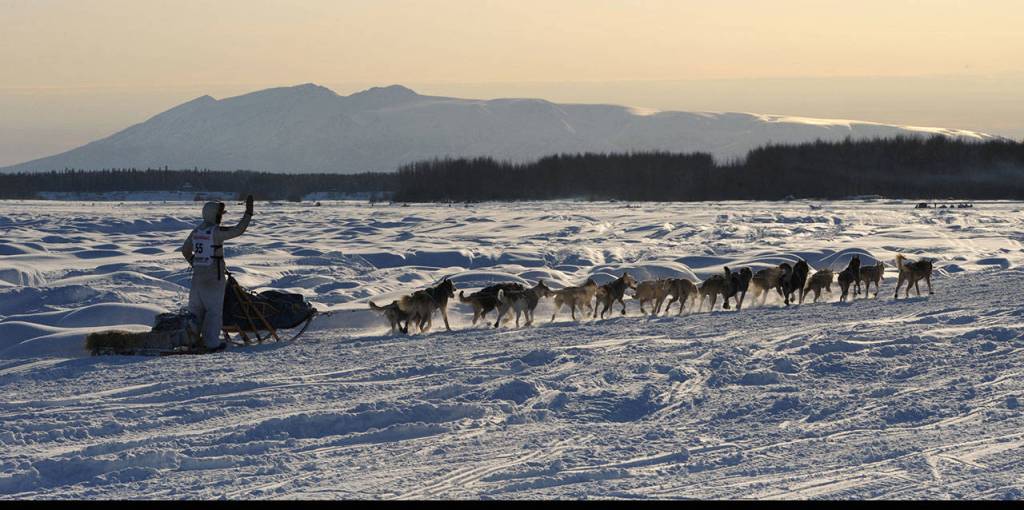 Matthew Failor drives his dog team down the Susitna River during the Restart of the Iditarod Trail Sled Dog Race on Sunday, March 4, 2018. Photo by Bill Roth/ADN