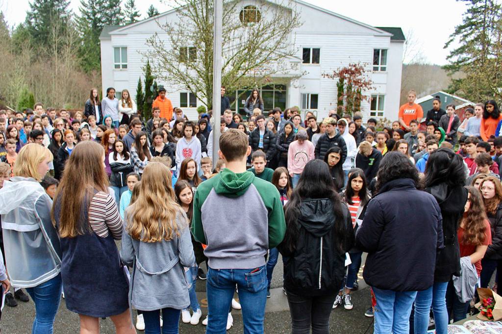 Overlake students participate in a walkout at the Redmond school, calling on legislators and Congress to enact common sense gun control laws. Courtesy of Susan Messier, the Overlake School