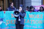 Maru Mora Villalpando stands outside of the Seattle Immigration Court after her first deportation hearing on March 15, 2018. Photo by Melissa Hellmann