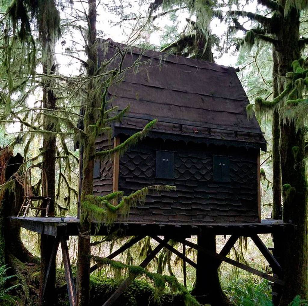 A tree house gingerbread-style cabin in the Snoqualmie National Forest has been constructed for at least seven years and was found to contain child pornography in November 2016. Photo courtesy of King County Sheriffs Office