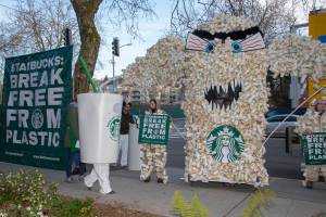 The Starbucks: Break Free From Plastic coalition protested outside of the Seattle Center during Starbucks annual shareholder meeting Mar. 21. Photo courtesy Stand.earth