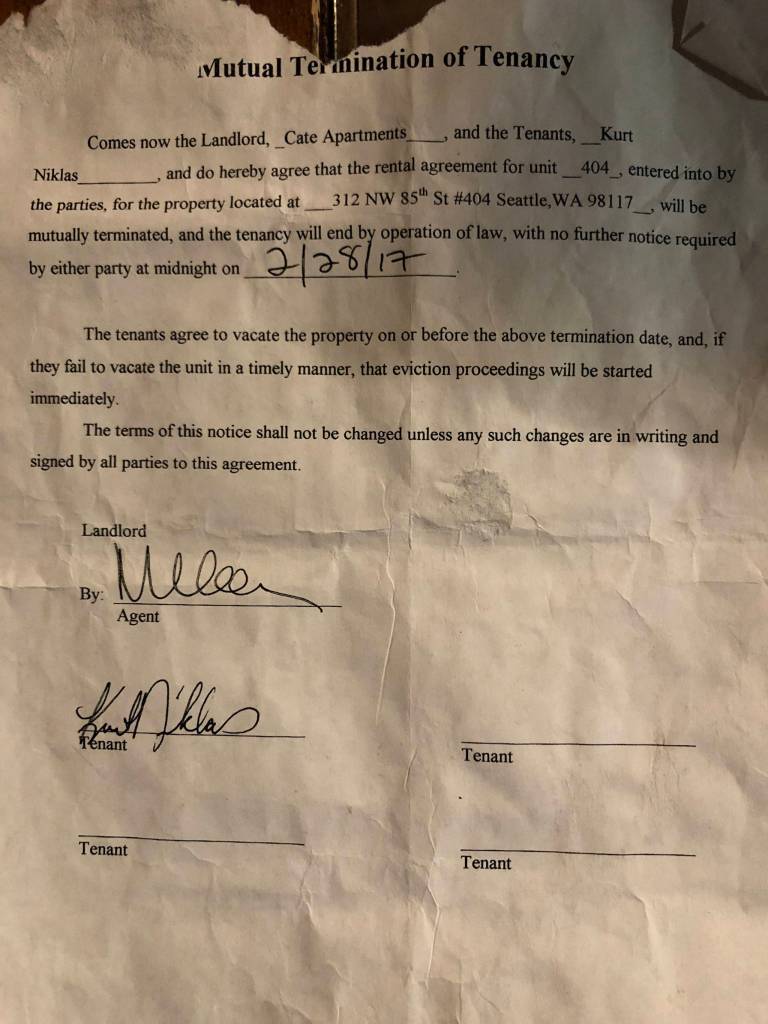 Kurt Niklas says that the original mutual termination agreement he signed listed the move out date as February 2017. Copy courtesy of Kurt Niklas