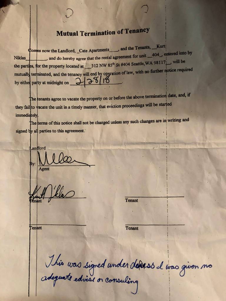 Kurt Niklas says that the original mutual termination agreement he signed listed the move out date as February 2017, but he believes this document was forged, with the 17 changed to an 18. Copy courtesy of Kurt Niklas
