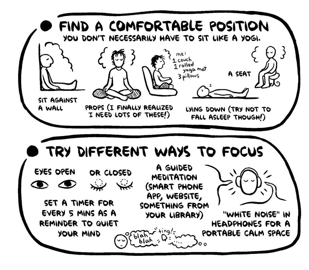 Meditation tips are among the myriad coping strategies Ellen Forney outlines in <em>Rock Steady</em>. Illustration courtesy of Fantagraphics