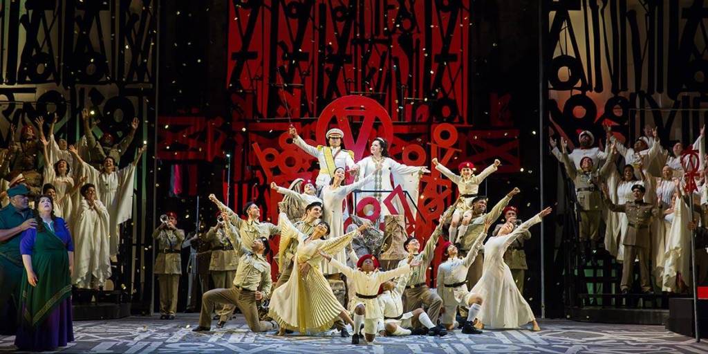 A triumphal scene from Washington National Operas 2017 staging of <em>Aida</em>, in a production opening at Seattle Opera on Saturday. Photo by Scott Suchman